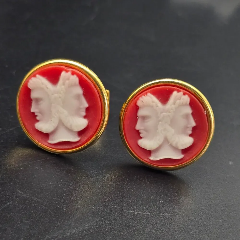 Orange Janus Cameo Cufflinks Greek Roman Gold Gold Tone Vintage NOS